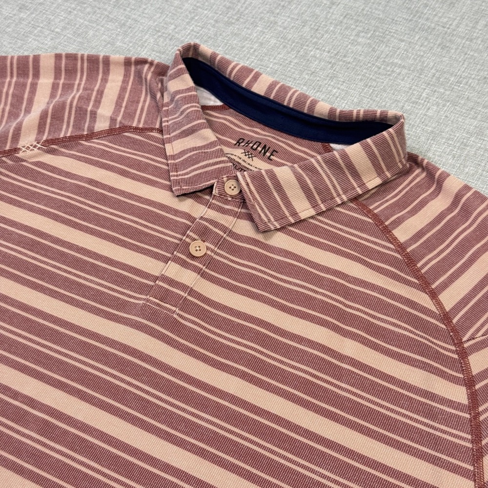 Rhone Polo Shirt Mens 2XL Pink Beige Striped Short Sleeve Collared Stretch Logo